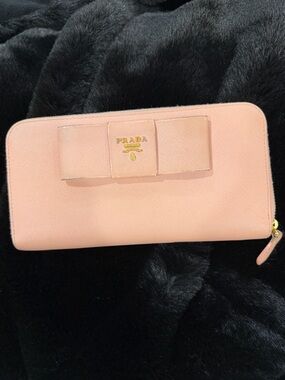 Prada Blush Pink Saffiano Leather Bow Zip Wallet